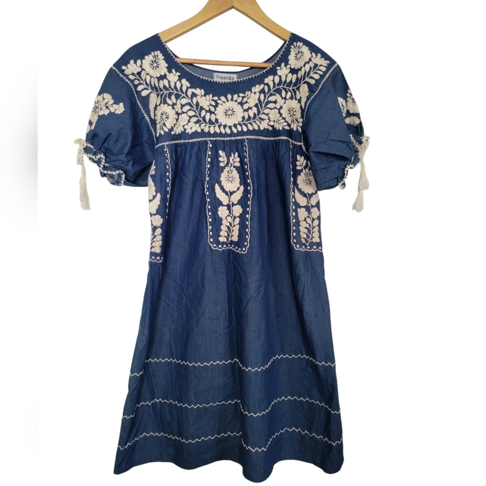 Siganka Blue Embroidered Floral Dress